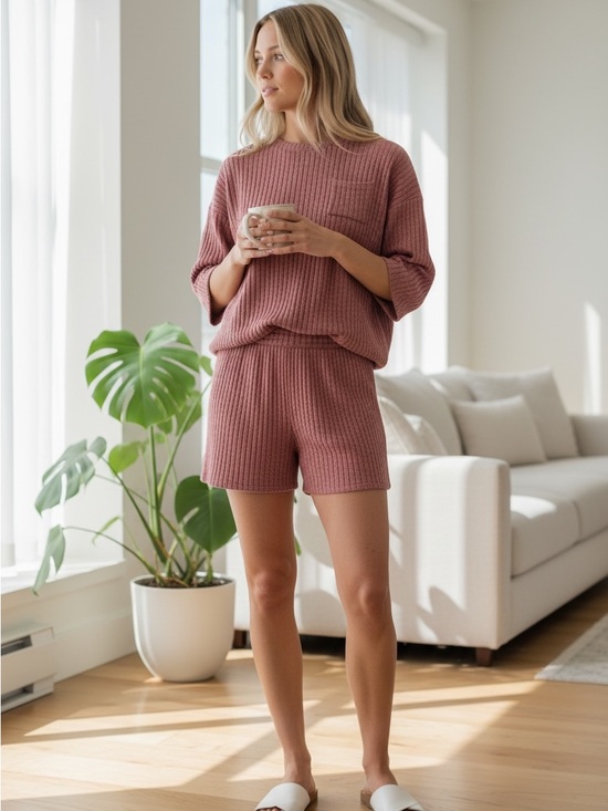 Unbranded Other - Womens 2 Piece Ribbed Knit Lounge Set Dusty Pink Relaxed Tee Shorts Pajamas XL